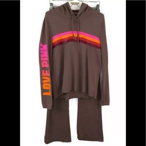 PINK Victorias Secret Women Small Striped Brown Hoodie Sweatpants Track Suit Set